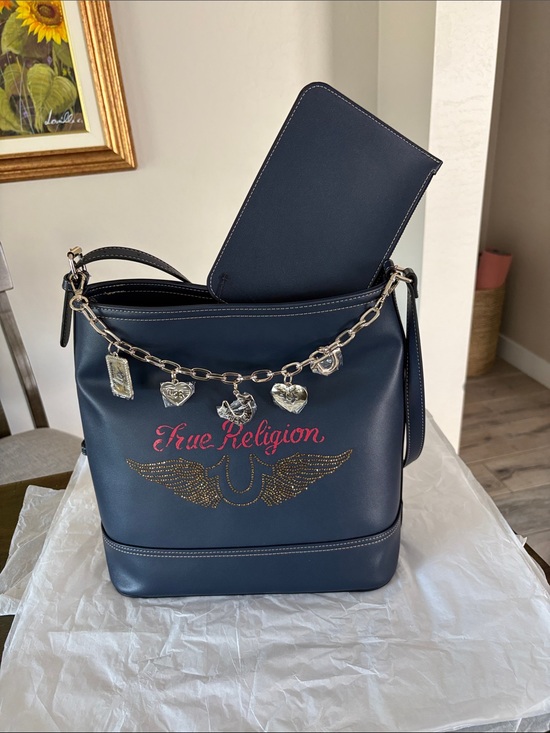 True Religion Handbags - True Religion Faux Navy Leather Charm Shoulder Bag